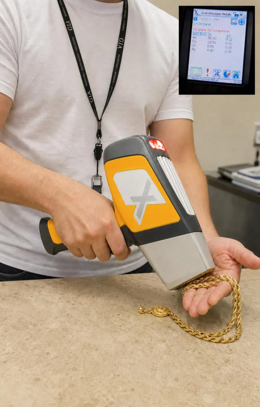 Especialista analizando una pieza de oro con equipo XRF